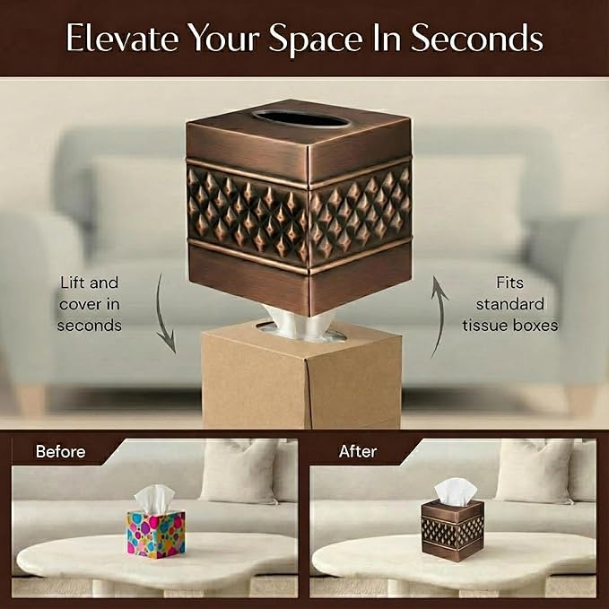 Monarch Abode Tissue Box Cover Square – Handcrafted Geo Embossed Antique Copper Finish Metal Tissue Holder Box for Bathroom Accessory, Aesthetic Decorative Facial Napkin Cube for Modern Home Décor