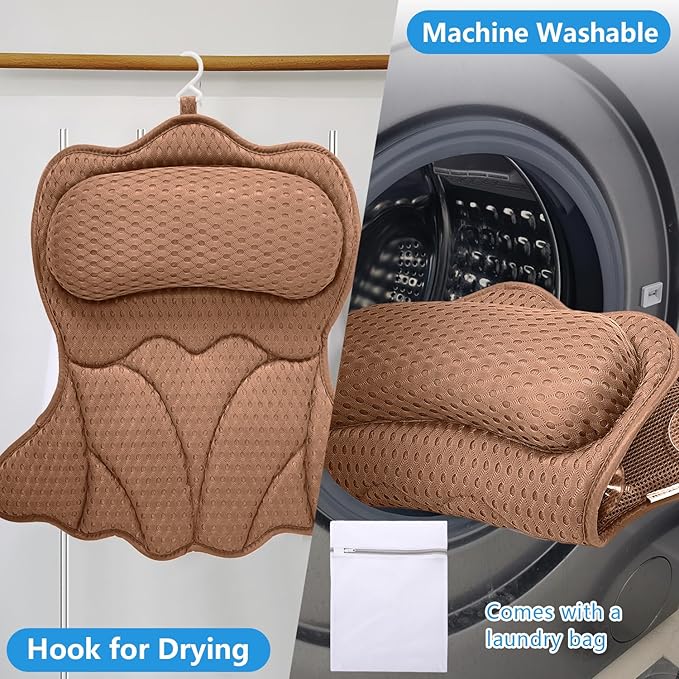 REEZEIVI Bath Pillows for Tub,Bath Pillow with 6 Non-Slip Suction Cups,Soft 4D Mesh Fabric,Bathtub Pillows for Tub Neck and Back Support,Extra Thick Luxury Bathtub Pillows,Brown