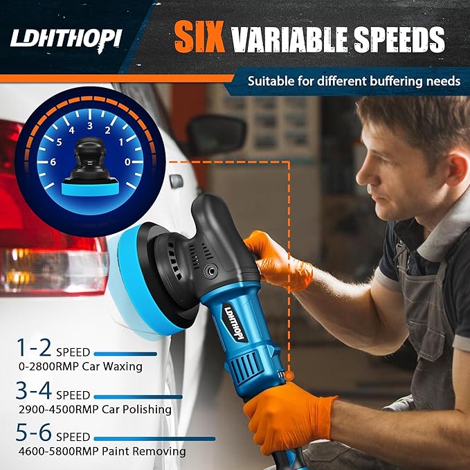 LDHTHOPI Dual Action Polisher, 980W 5/6 Inch, 9MM Random Orbital Buffer Polisher for Car Detailing, 2800-5800RMP, 6 Variable Speed Buffer Polisher with 8 Detachable Pads