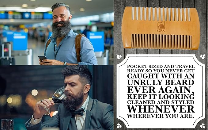 G.B.S 2-Sided Dual Action Fine and Coarse Teeth Beard Comb Wood Durable, Pack of 3