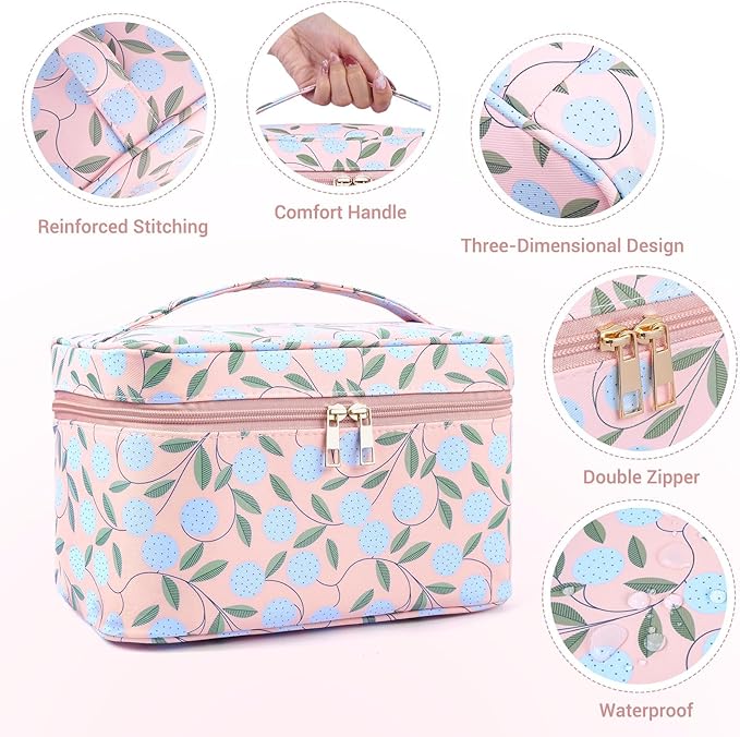 MAANGE Travel Makeup Bag, Cosmetic Bag, Portable Large Capacity Makeup Case, Make Up Organizer For Women, Oxford Cloth Toiletry Bag With Handle (Pink Plants)