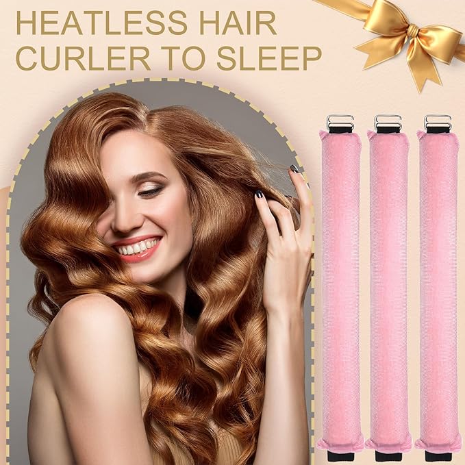 Heatless Curling Rod, 1 Pink 3Pcs, Flexi Rod for All Hair Types, Easy to Use Sleep Curling Ribbon with Hook, Curl Styling Kit for Overnight Hair Curl, Ideal for Travel, Great Gift