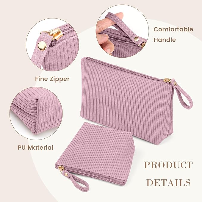 MAGEFY 2Pcs Makeup Bag Set, Cute Makeup Pouch for Purse Corduroy Travel Cosmetic Pouch for Women with Slip-in Pockets for Purse Essentials Accessories(Pink,Mini+Small)