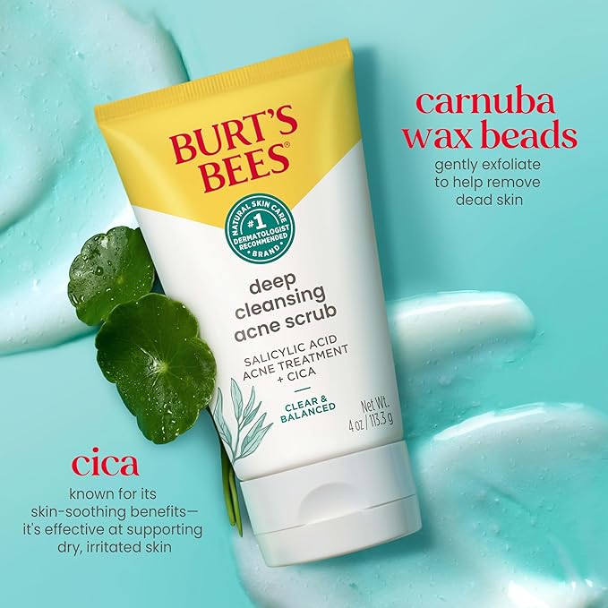 Burt’s Bees Clear and Balanced Deep Cleansing Acne Scrub, Salicylic Acid Acne Treatment with Cica, Facial Cream Exfoliator Helps Unclog Pores and Reduce Acne, 4 Oz (Pack of 2)