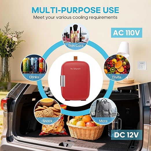 DUMOS Mini Fridge for Bedroom, 4L Compact Personal Fridge Cooler For Skincare, Drinks, And Snacks, Fits 6 Cans, Mini Refrigerator with 110V Ac/12V Dc, Ideal For Car, Dorm, Red