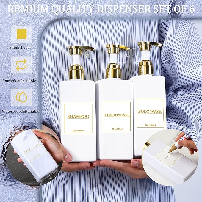 Gejoy 12 Pack White Shampoo and Conditioner Dispenser Bottles, 17 Oz/ 500ml Empty Refillable Pump Bottles with Labels and Marker Pen, Square Plastic Pump Dispenser Bottle for Bathroom Body Wash Shower