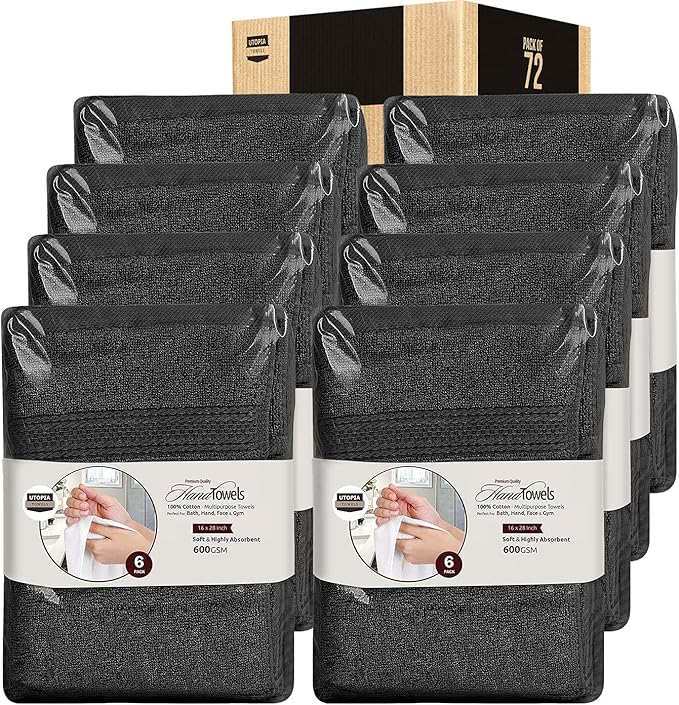Utopia Towels 72 Pack Premium Hand Towels Set, (16 x 28 inches) 100% Ring Spun Cotton, Ultra Soft and Highly Absorbent 600GSM Towels for Bathroom, Gym, Shower, Hotel, and Spa (Black)