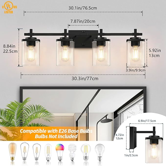 4-Lights Matte Black Bathroom Light Fixture, Modern Black Vanity Lights Over Mirror with Clear Glass Shade, Bathroom Wall Mounted Lamp for Mirror Living Room Hallway Cabinet