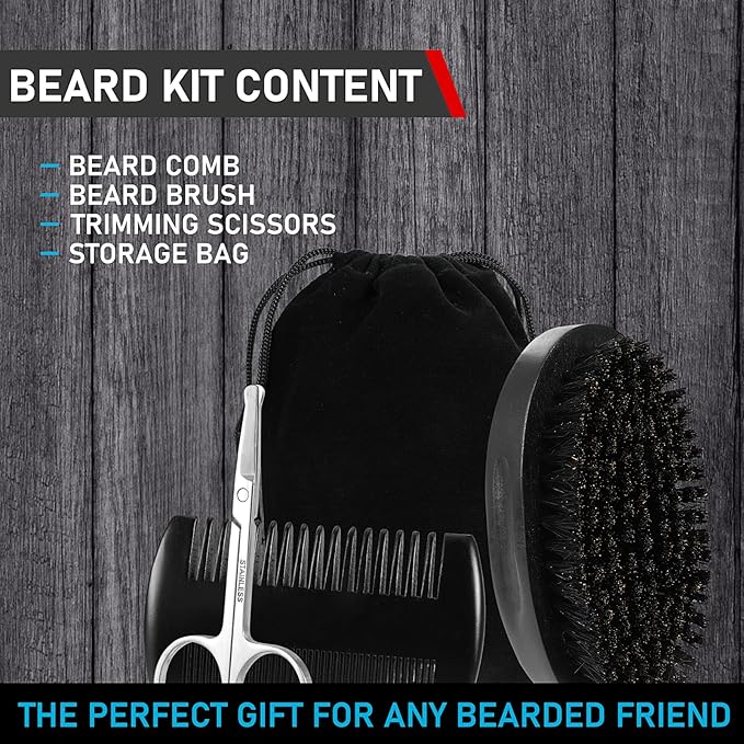 PHOGARY Beard Brush for Men, Beard Grooming Kit for Men Including Pure Boar Bristle Beards Brush Mustache Comb Scissors Travel Storage Bag