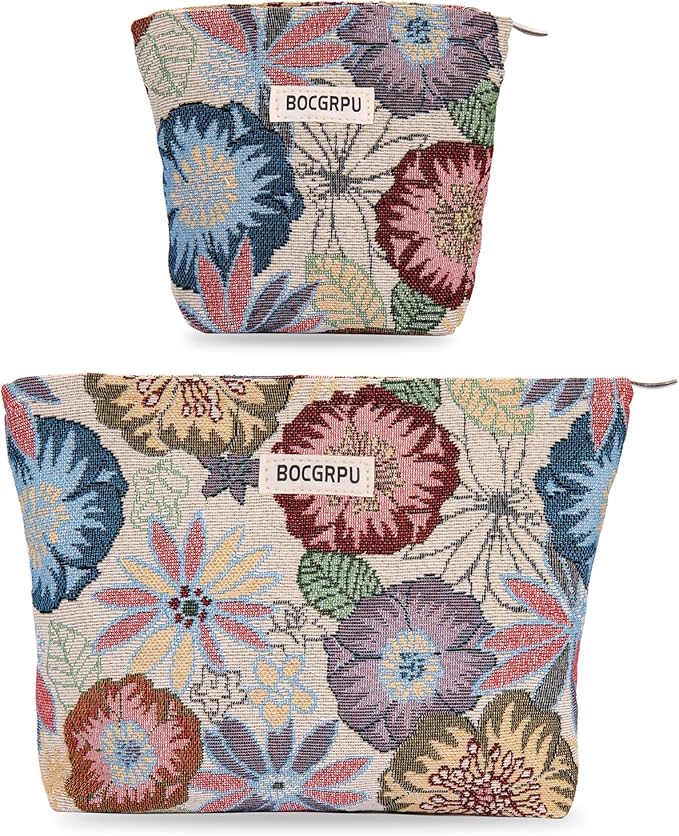 2 PCS Makeup Bag Set Cute Small Cosmetic Bag for Purse ，Large Toiletry Bag Makeup Organizer，Travel Pouch with Zipper for Women, (Flower Garden White)