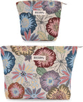 2 PCS Makeup Bag Set Cute Small Cosmetic Bag for Purse ，Large Toiletry Bag Makeup Organizer，Travel Pouch with Zipper for Women, (Flower Garden White)