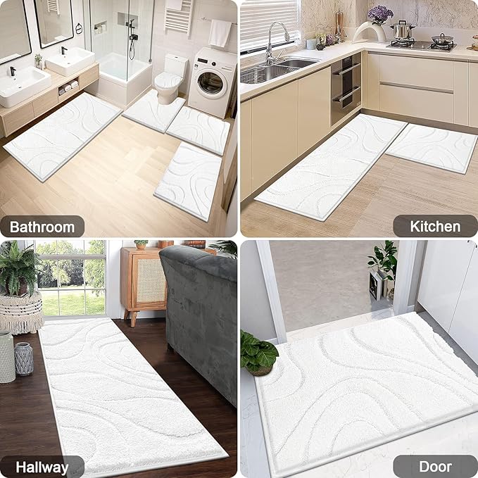HEBE Bathroom Rugs Sets 5 Piece, Soft Absorbent Microfiber Bath Mat for Bathroom, Non Slip Washable Bath Rug Set with Toilet Cover, Bath Runner and U-Shaped Contour Toilet Rug, White