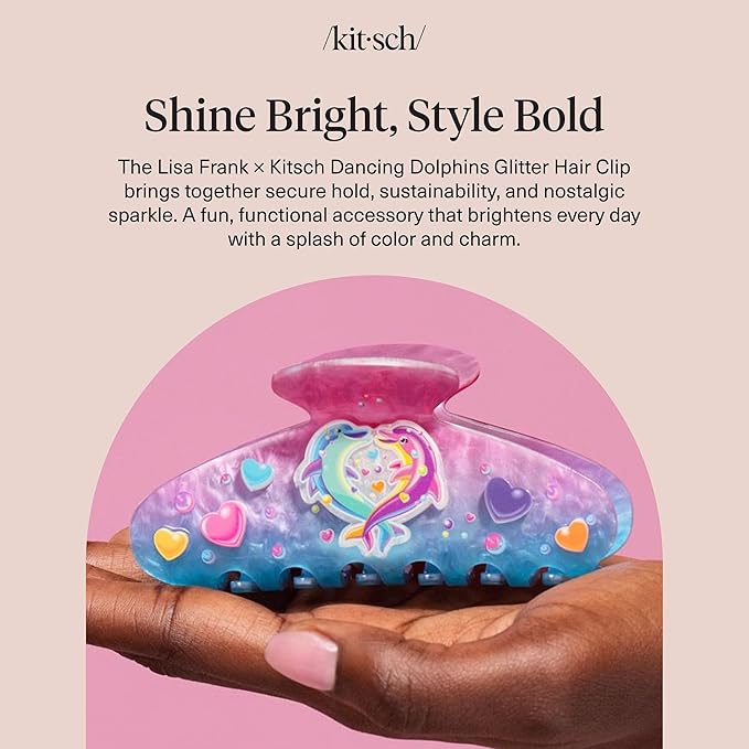 Lisa Frank x Kitsch Glitter Hair Clip for Women – Secure Hold Claw Clip | Sparkly Hair Accessories with Strong Grip, Recycled Acrylic | Ideal Gifts for Women - Dancing Dolphins
