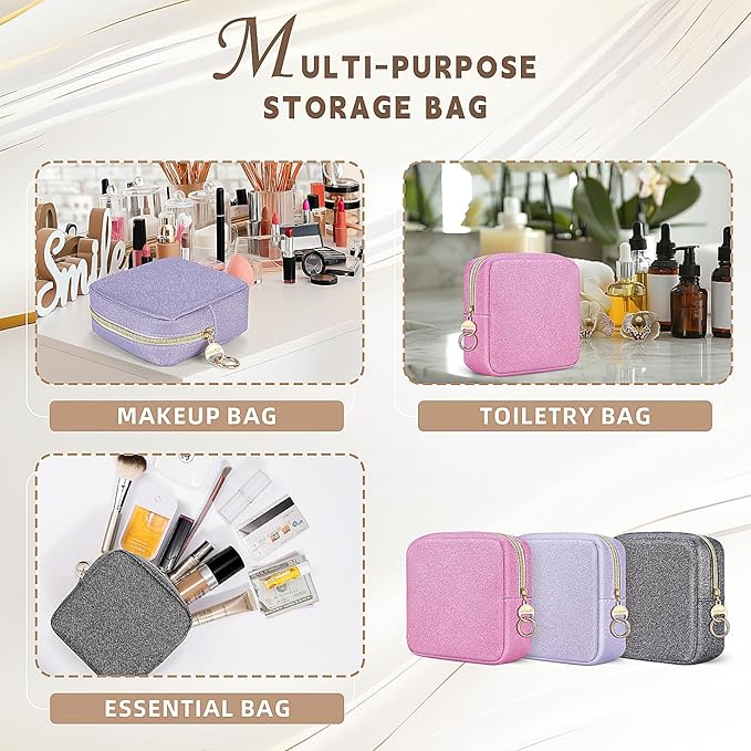 5.7" Small Makeup Bag, Glitter Cosmetics Bag for Purse, Portable Small Travel Makeup Pouch with Ring Buckle (Pink)