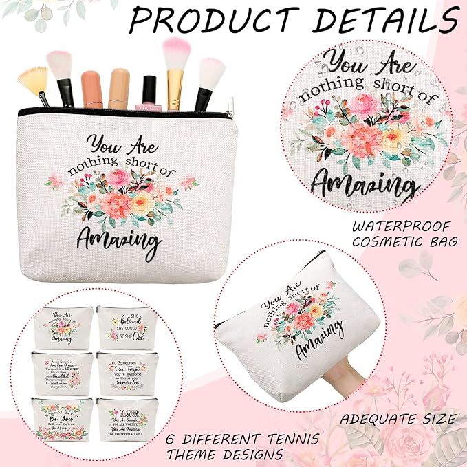Chengu 6 Pcs Floral Cosmetic Bags Inspirational Gifts for Women Believe in Yourself Motivational Quotes Flower Canvas Makeup Bag for Women Birthday Friend Teacher Graduation New Year Party
