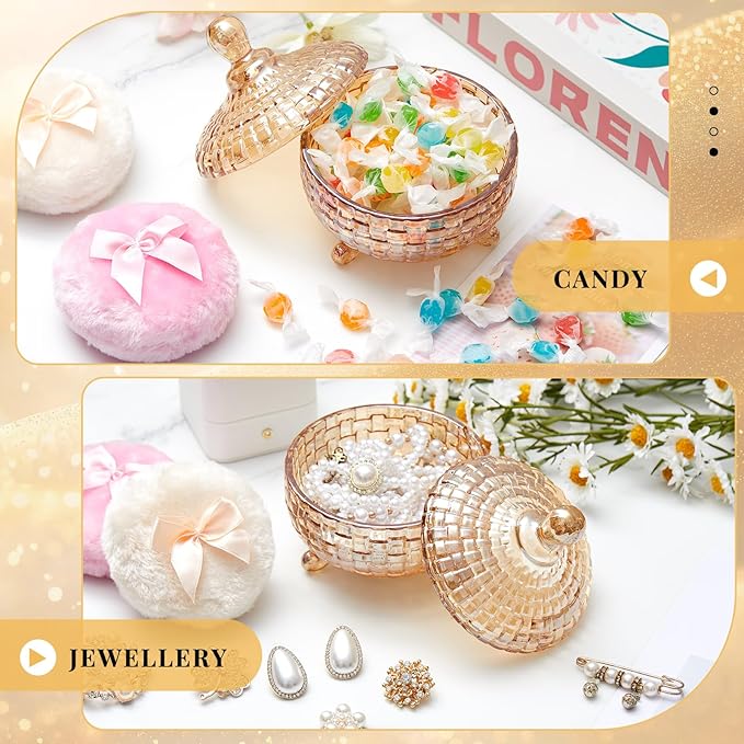 Tioncy 3 Pcs Large Body Powder Puff and Container Valentine's Day gift Powder Container with Puff Crystal Case Soft Washable Reusable Velour Face Body Glitter Wet Dry Makeup(Weave Design,Amber)
