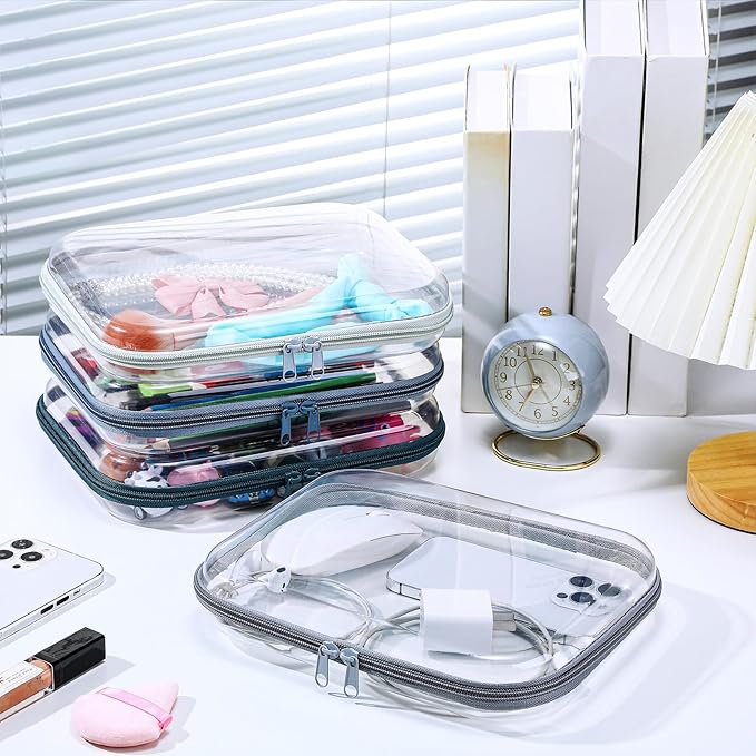 Hoolerry 4 Pcs Hard Clear Zipper Case Makeup Bags Plastic Zipper Pouch Transparent Storage Box Containers for Cosmetics, Snacks, Building Blocks, Puzzles(Clear,9.8 x 7.9 x 2 in,Morandi)