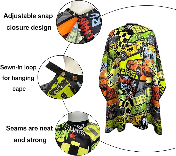 Barber Cape for Men Professional Hair Cutting Salon Cape with Snaps Waterproof Hairdressing Styling Cape Gown Apron- 63”× 56”(Super Cars)