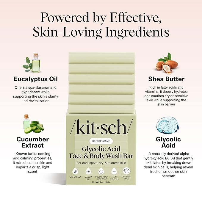 Kitsch Glycolic Acid Face & Body Wash Bar – Resurfacing Bar Soap with Shea Butter for Smoother, Brighter Skin – Gentle Soap & Body Wash Women & Men Love – Cucumber & Eucalyptus Scent Bath Soap - 4 oz