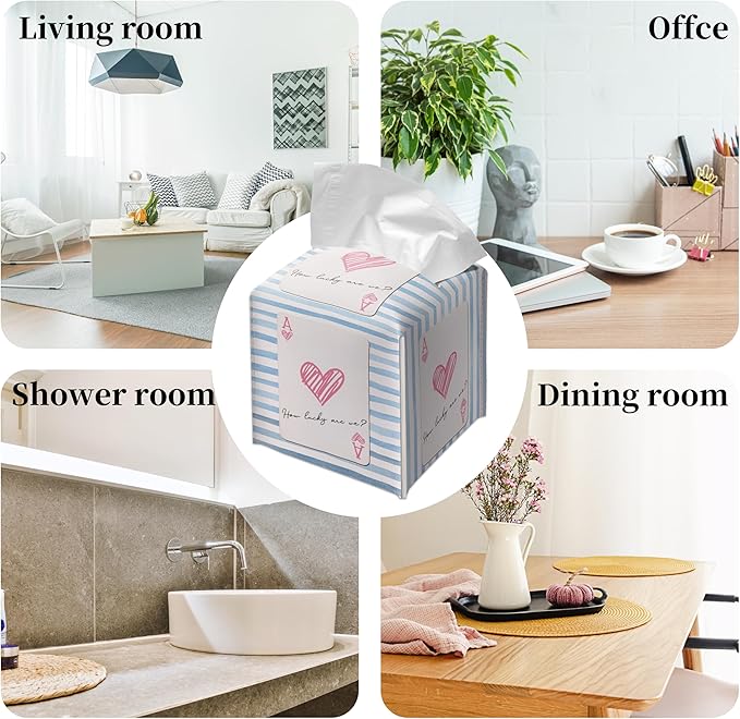 Grace Yonks Cute Tissue Box Cover Square - Red Heart Ace Card & Blue Stripe Design 5.2" PU Leather Holder for Vanity, Desk, or Bathroom Counter - Cube Case for Facial Tissues(007)