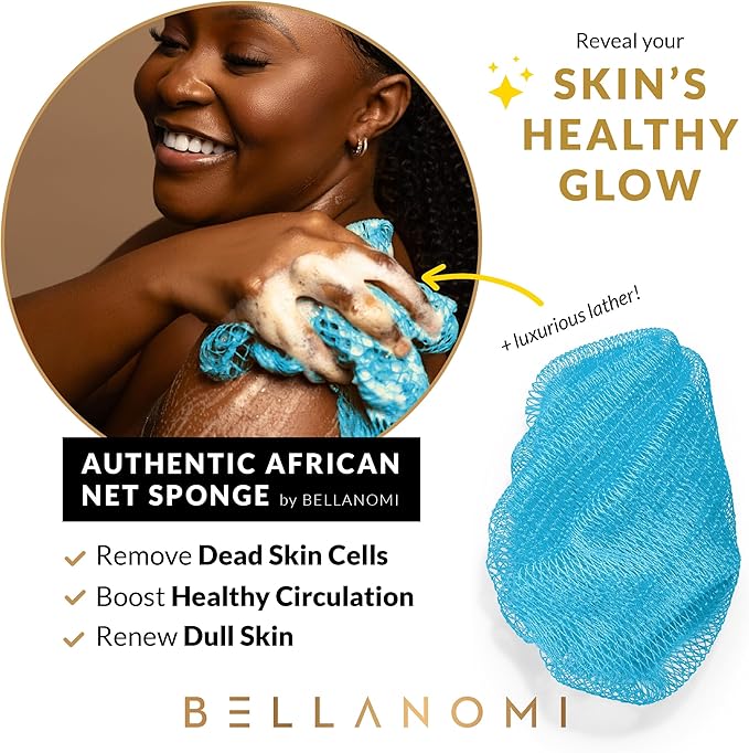 BELLANOMI African Exfoliating Net Sponge, Authentic, Ethically sourced from Nigeria, 45 inches Long, Back Scrubber for Daily use (Baby Blue)