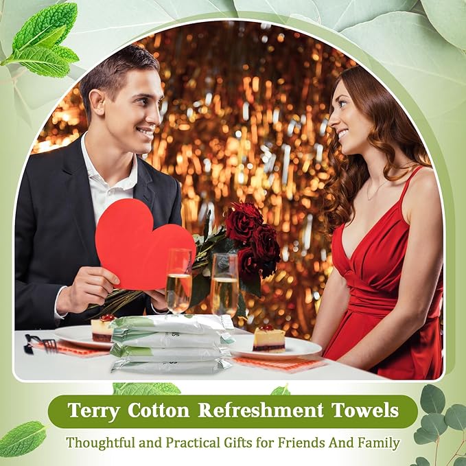 Timgle 50 Pcs Moist Towelettes Individually Wrapped Scented Disposable Face Towels Essential Oil Infused Moist Terry Cotton Towel for Use Hot or Cold Travel Body Spa(Mint, Eucalyptus Leaves)