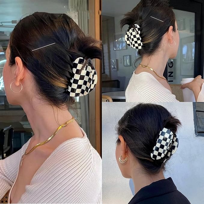 Checkered Hair Claw Clips, Acrylic Multicolored Semicircle Checker Barrettes for Women Ladies Medium Cute Non Slip Hair Jaw Clips Strong Hold Claw Clamps Hair Accessories for Thin Thick Hair (4 Pack)