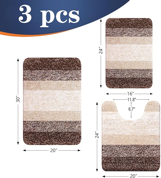 OLANLY Bathroom Rugs Sets 3 Piece, Soft Absorbent Microfiber Bath Mats and U-Shaped Contour Toilet Rug, Plush Shaggy Bath Mat Set for Bathroom (30"x20"+24"x16"+24"x20", Brown)