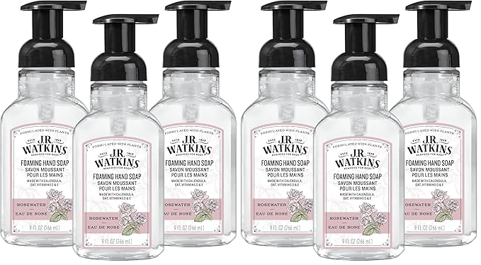 J.R. Watkins Foaming Hand Soap with Pump Dispenser,Moisturizing Foam Hand Wash,Alcohol-Free,Cruelty-Free,eau de rose,9 fl oz,(Pack of 6)