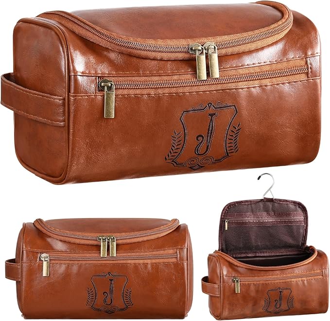 Sadnyy Personalized Leather Toiletry Bag for Men Initial Travel Bag with Hook Monogrammed Toiletry Pouch Leather Travel Bathroom Kit with Side Handle for Him Dad Husband Anniversary Birthday Gifts(J)