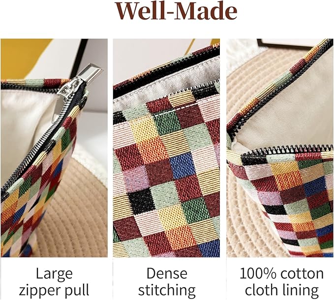 Stylish Checkered Makeup Bag for Woemn, Travel Cosmetic Car Organizer, Tartan Cosmetic Bag, Colorful Squares Zipper Canvas Pouch, Plaid Makeup Pouch for Purse, Gingham Make up Bag, Coquette Gifts