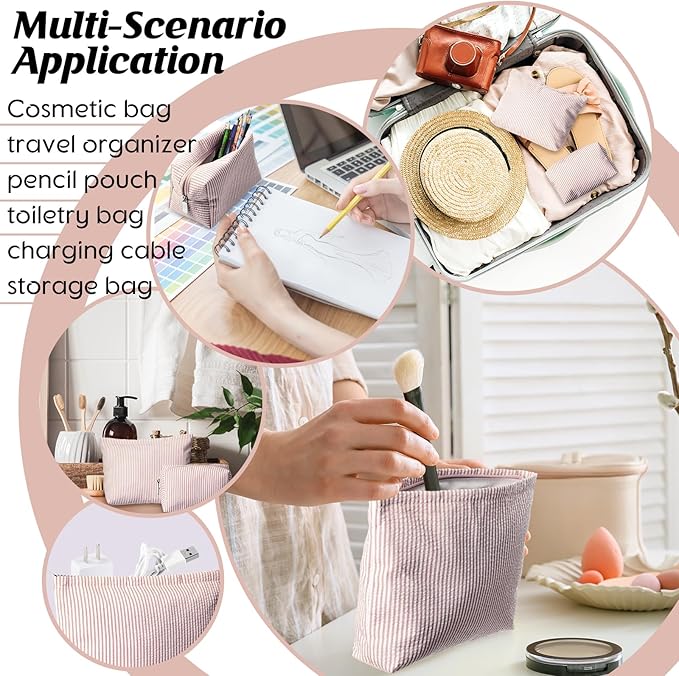 2 Pcs Makeup Bag Set Cute Cosmetic Pouch for Women Seersucker Travel Toiletry Bag Preppy Small Makeup Purse Pouch Aesthetic Skincare Brushes Storage Organizer for Valentine Women(Khaki)
