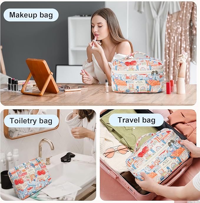3Pcs Cotton Quilted Makeup Bag Large Travel Cosmetic Bag Coquette Makeup Pouch Cute Aesthetic Floral Toiletry Bag for Women Girls
