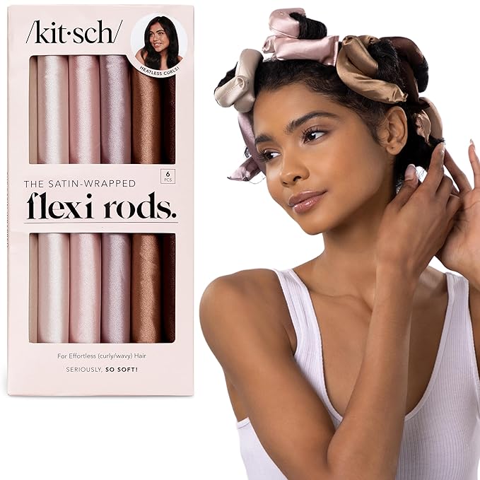 Kitsch Satin Hair Curlers, Heatless Curling Rod - Flexi Rod for Heatless Curls Overnight for Women, Comfortable Hair Curlers to Sleep In for Frizz-Free, No Heat Damage Styling - 6 pcs, Rosewood