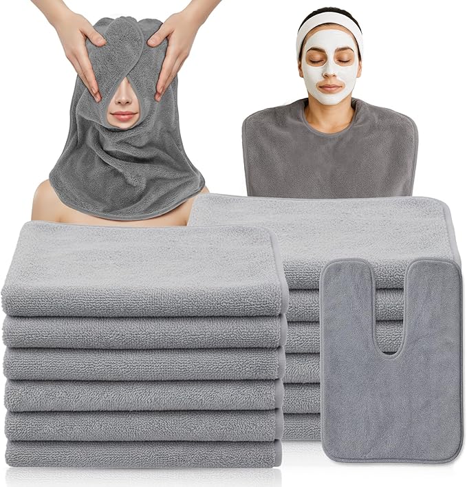 12 PCS U-Shaped Facial Towels, Estheticians Towels Microfiber Soft Spa Towel Coral Fleece Face Cloth for Beauty Salons, Skin Care （Grey）