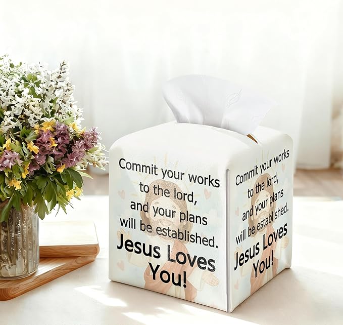 Christian Square Tissue Box Cover, PU Leather Drawstring Bottom - Commit Your Work to the Lord, Appreciation, Farewell, Retirement Gift for Christian Friends, Colleagues | Decorative Organizer