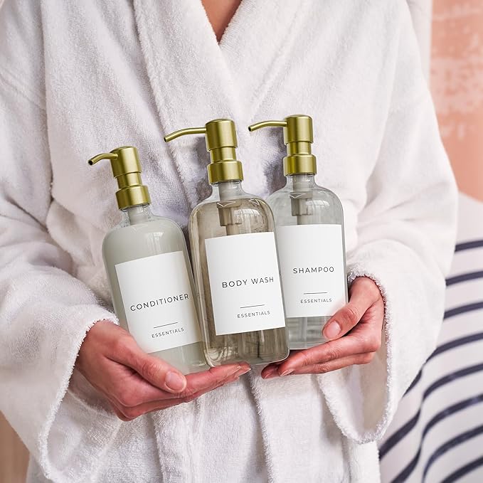 Stylish Shampoo and Conditioner Dispenser Set of 3 - Modern 21oz Shower Soap Bottles with Pump and Labels - Easy to Refill Body Wash Dispensers for an Instant Bathroom Decor Upgrade Clear