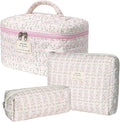 Makeup Bag Set, Portable Travel Make up Bag, Large Capacity Quilted Cosmetic Organizer Bag, Cute Floral Toiletry Bag for Women Girls (Pink Flower)