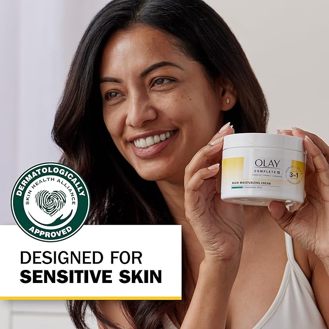 Olay Face Moisturizer,Complete+ Rich Moisturizing Cream-Fragrance-Free,Gentle for Dry&Sensitive Skin,3-in-1 Hydrating to Strengthen,Nourish,Renew-Niacinamide,Vitamin E,&Ceramides,8.5 oz,(Pack of 2)