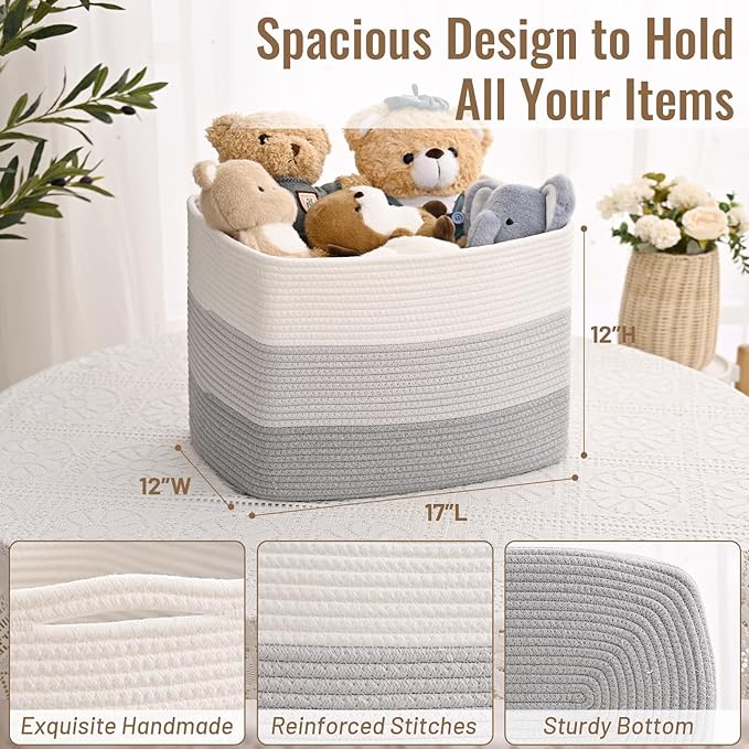 3 Pack Cube Storage Bin, 17”x12”x12” Cotton Rope Woven Baskets for Organizing Toys Clothes Towels, Square Gift Storage Baskets for Shelf, Nursery, Closet, Bathroom, Pantry (3-Tone Gray)