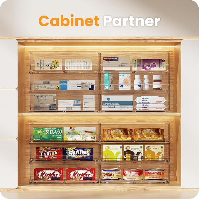 A-LuGei 【𝟮𝗣𝗖𝗦】 Acrylic Stackable Storage Drawers, 11.8" W Makeup Organizer, Bathroom Organizer and Storage, Plastic Storage Bins for Kitchen Cabinet Pantry Medicine Fridge