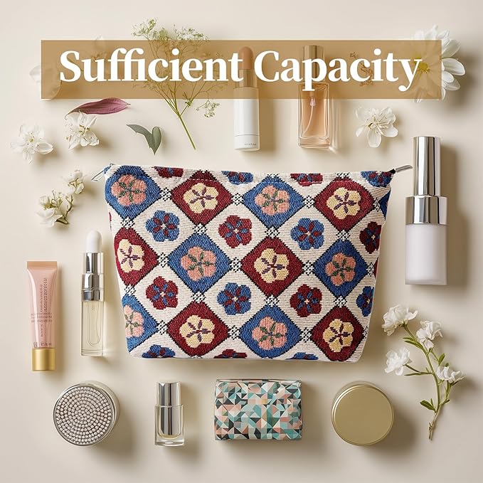 Vintage Floral Cosmetic Bag for Women, Makeup Pouch for Purse, Elegant Toiletry Organizer for Mature Ladies & Moms, Classic Pattern, Small Travel Zipper Bag