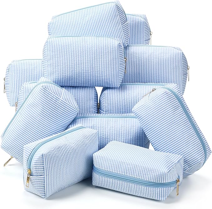 Sanwuta 12 Pcs Seersucker Cosmetic Bags Bulk Seersucker Makeup Bags Stripe Women Pouch Large Preppy Storage Pouch Toiletry Travel Organizer for Wedding Bridesmaid Bride Favor Mom Gift (Light Blue)