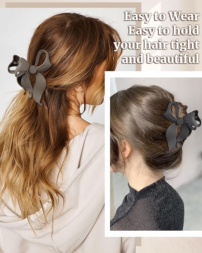 Mesovor 4 Pack Cute Bow Claw Clip for Women, Nonslip Large Matte Strong Hold Bows Hair Clips for Thin and Thick Hair | Chic Hair Styling Accessories (4.1" Black, Grey, Khaki, Brown)