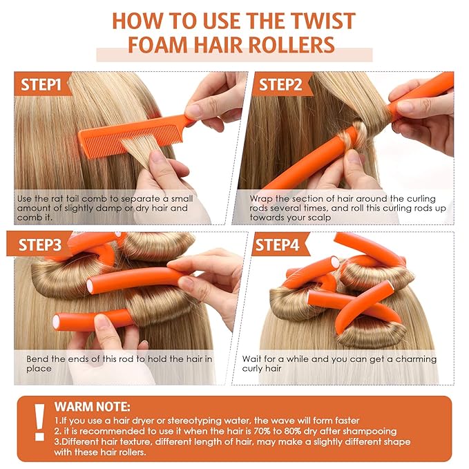 Syhood 30 Pcs Flexible Curling Rods 9.45 Twist Foam Rollers Soft Foam No Heat Hair Rods Rollers and 1 Steel Pintail Comb Rat Tail Comb for Women Long Short Hair(Orange,9.45 x 0.71 Inch)