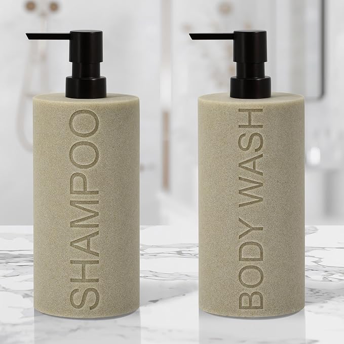 Resin 2 Pack Shampoo, Conditioner or Body Wash Dispenser Set, Luxurious Refillable Pump Bottles with Matte Pump Top and Embossed Text, Durable Design for Bathroom and Shower