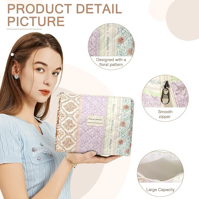 Floral Makeup Bag, Small Cosmetic Bag for Women Girls, Cute Cotton Makeup Bag, Quilted Makeup Bags, Flower Travel Toiletry Organizer Bag(Color-Coded Floral)