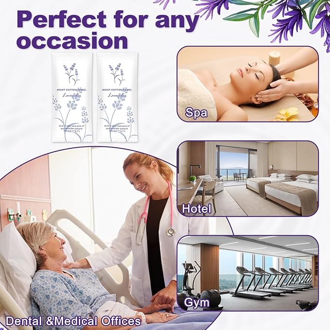 Moist Cotton Towel Bulk Moist Towelettes Individually Wrapped,White Towel Services,Refreshment Pre Moistened Towels for Dentist Travel Sport Party Hotel 200,Lavender