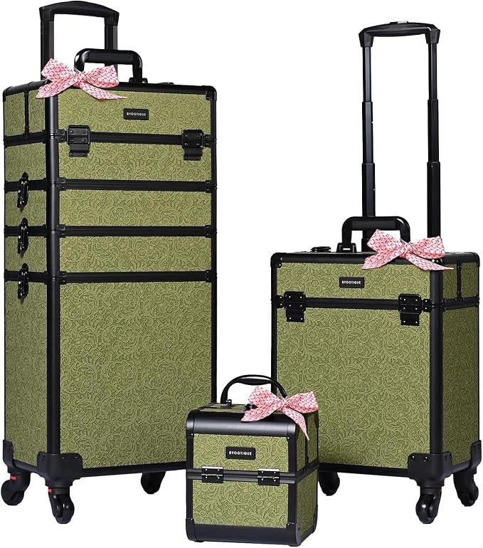BYOOTIQUE Cosmetology Cases on Wheels Rolling Makeup Organizer Cart 3-Piece Professional Nail Tech Storage Kit for Nail Artist Barber Salon Hairstylist,Rococo Moss