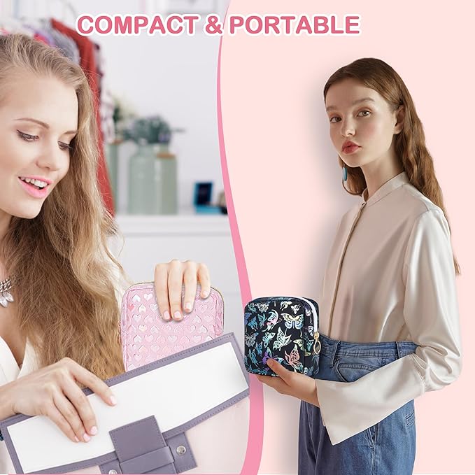 Period Bag Pouch, Leather Sanitary Napkin Storage Bag for Girls Womens, Portable Sanitary Napkin Period Pad Pouch Bag for Purse (Black-Dancing Butterfly)